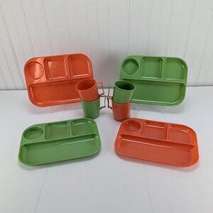 Vintage Colonial Plastics Divided Plates & Cups Set of 4 Orange Green Retro